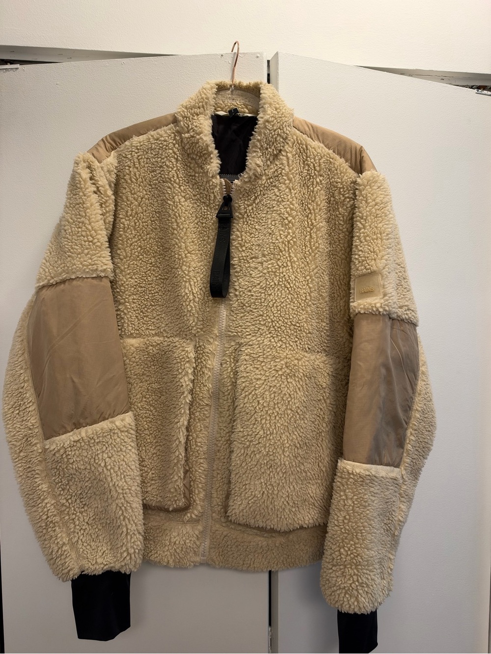 Rains Cream Sherpa Bomber Jacket with Tan Patch Accents